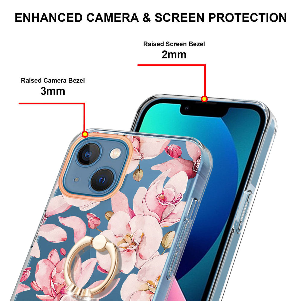 YB IMD-12 Series for iPhone 14 6.1 inch Electroplating Flower Pattern Ring Holder Kickstand Feature IML IMD TPU Cell Phone Cover Case