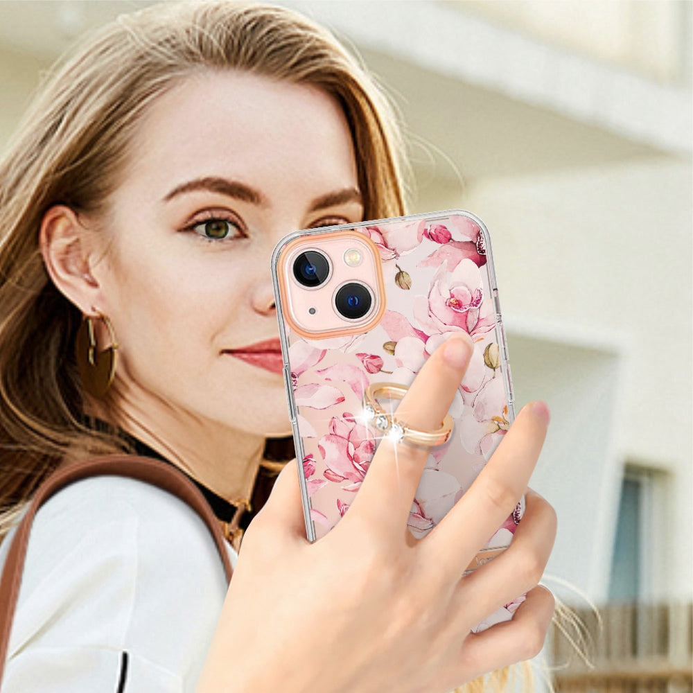 YB IMD-12 Series for iPhone 14 6.1 inch Electroplating Flower Pattern Ring Holder Kickstand Feature IML IMD TPU Cell Phone Cover Case