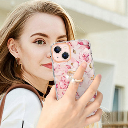 YB IMD-12 Series for iPhone 14 6.1 inch Electroplating Flower Pattern Ring Holder Kickstand Feature IML IMD TPU Cell Phone Cover Case