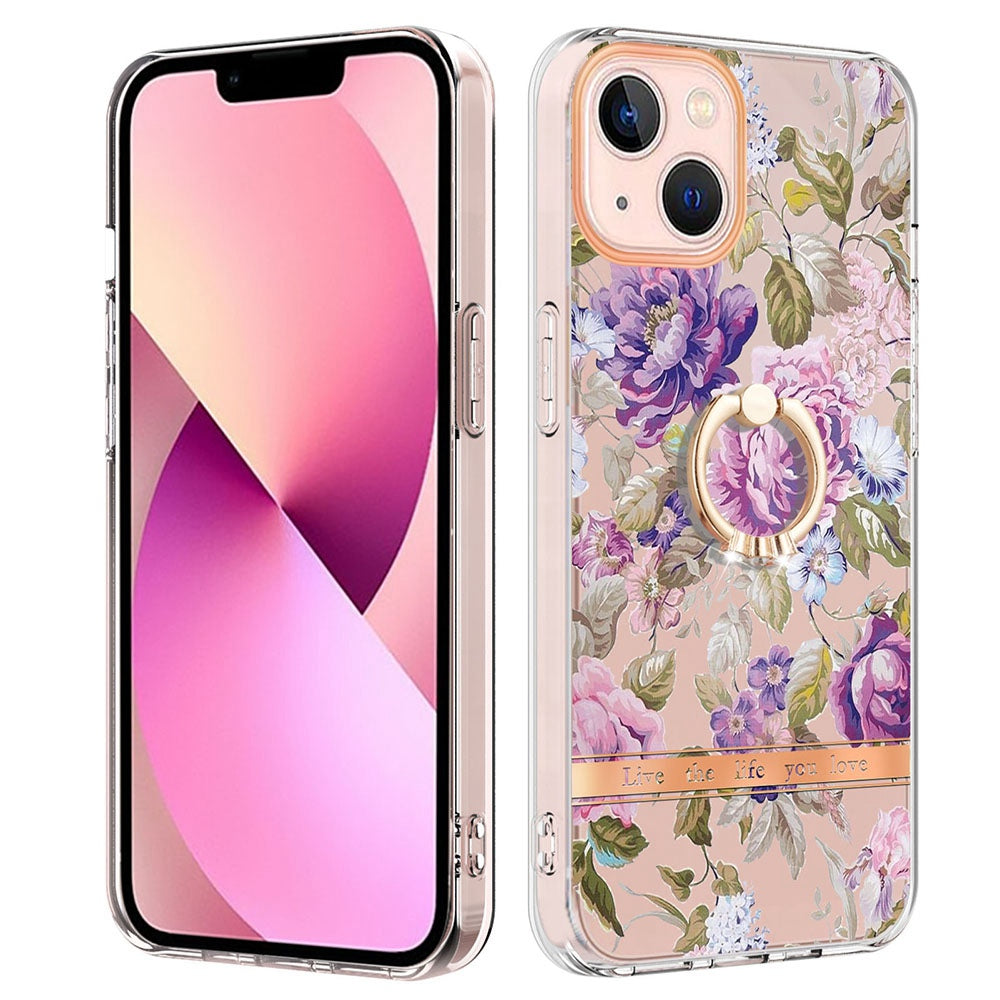 YB IMD-12 Series for iPhone 14 6.1 inch Electroplating Flower Pattern Ring Holder Kickstand Feature IML IMD TPU Cell Phone Cover Case