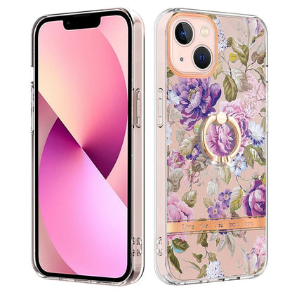 YB IMD-12 Series for iPhone 14 6.1 inch Electroplating Flower Pattern Ring Holder Kickstand Feature IML IMD TPU Cell Phone Cover Case