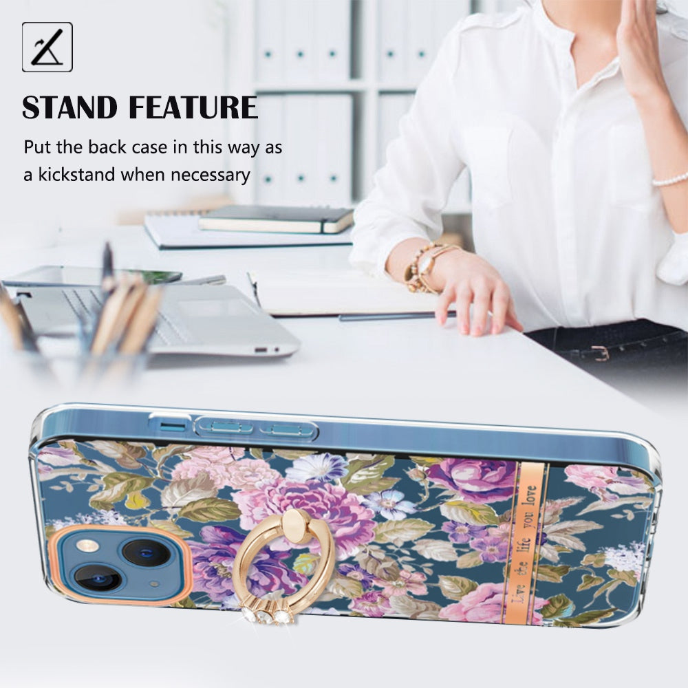 YB IMD-12 Series for iPhone 14 6.1 inch Electroplating Flower Pattern Ring Holder Kickstand Feature IML IMD TPU Cell Phone Cover Case