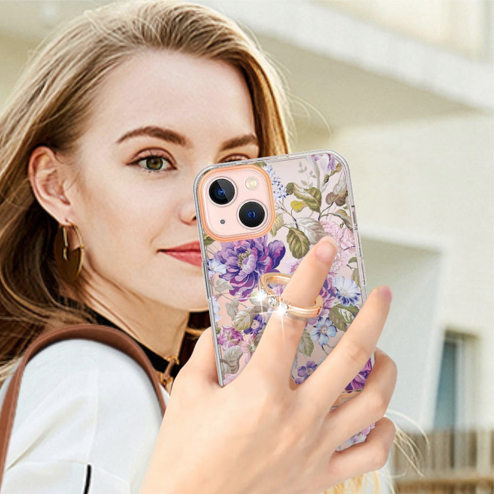 YB IMD-12 Series for iPhone 14 6.1 inch Electroplating Flower Pattern Ring Holder Kickstand Feature IML IMD TPU Cell Phone Cover Case