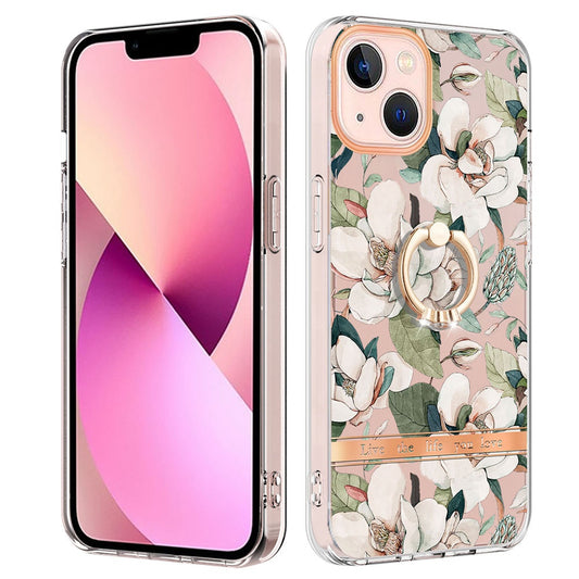 YB IMD-12 Series for iPhone 14 6.1 inch Electroplating Flower Pattern Ring Holder Kickstand Feature IML IMD TPU Cell Phone Cover Case