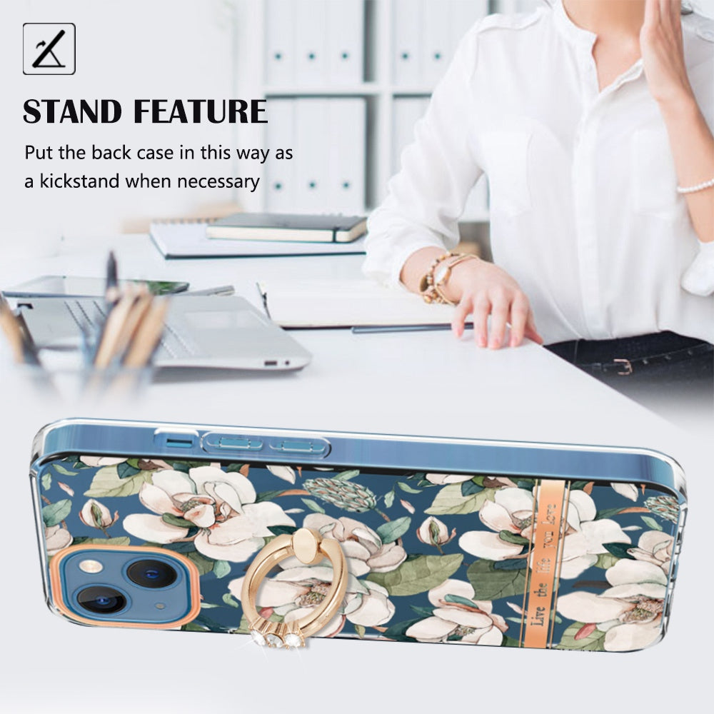 YB IMD-12 Series for iPhone 14 6.1 inch Electroplating Flower Pattern Ring Holder Kickstand Feature IML IMD TPU Cell Phone Cover Case