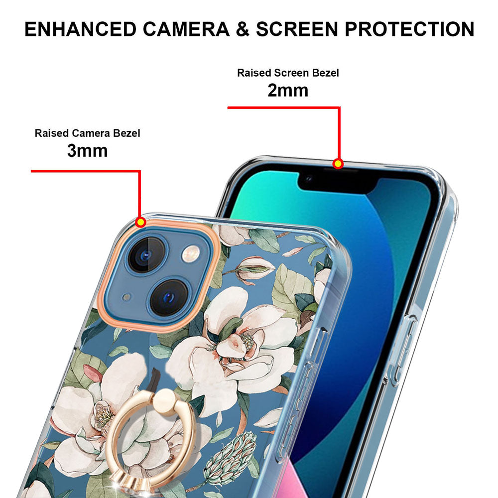 YB IMD-12 Series for iPhone 14 6.1 inch Electroplating Flower Pattern Ring Holder Kickstand Feature IML IMD TPU Cell Phone Cover Case