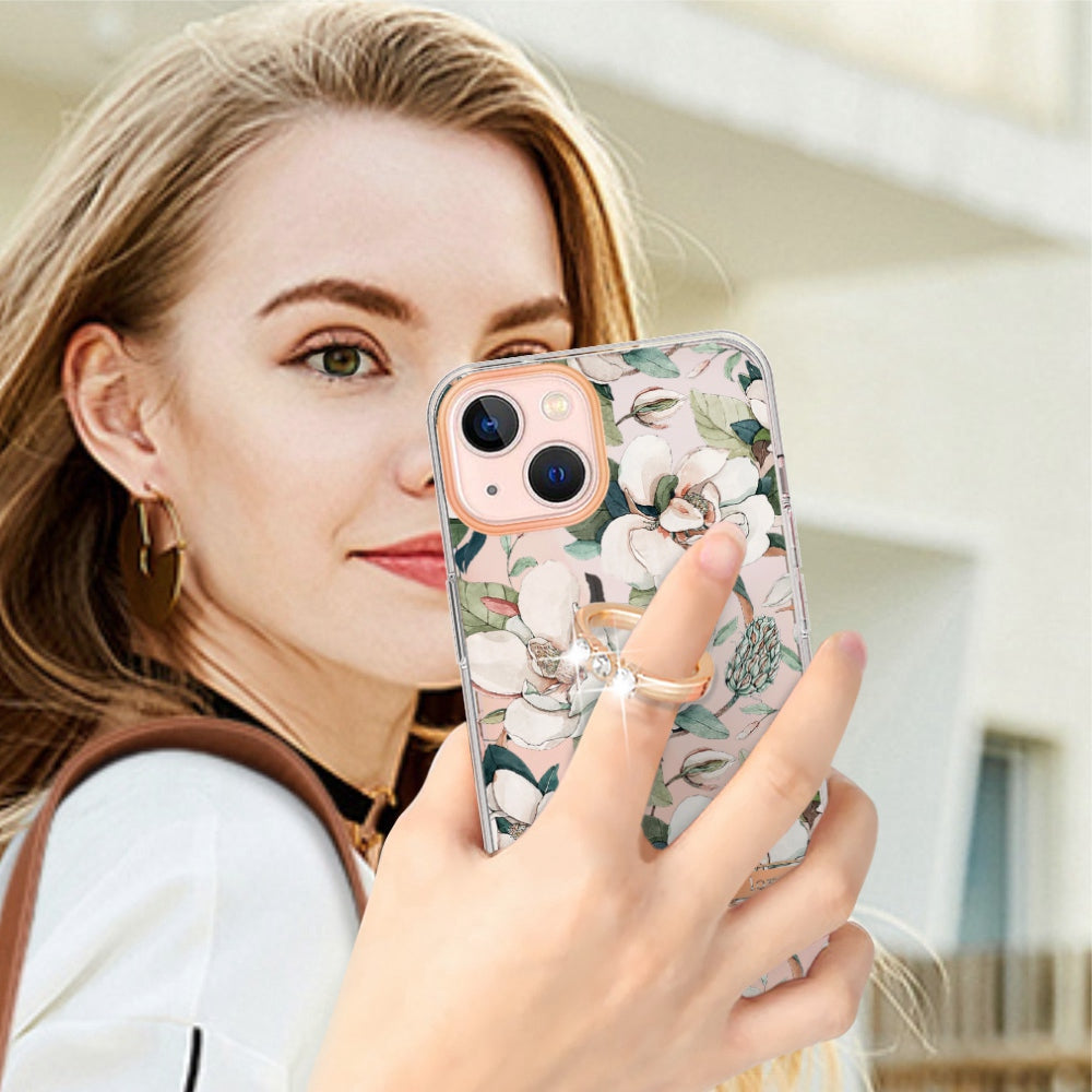 YB IMD-12 Series for iPhone 14 6.1 inch Electroplating Flower Pattern Ring Holder Kickstand Feature IML IMD TPU Cell Phone Cover Case