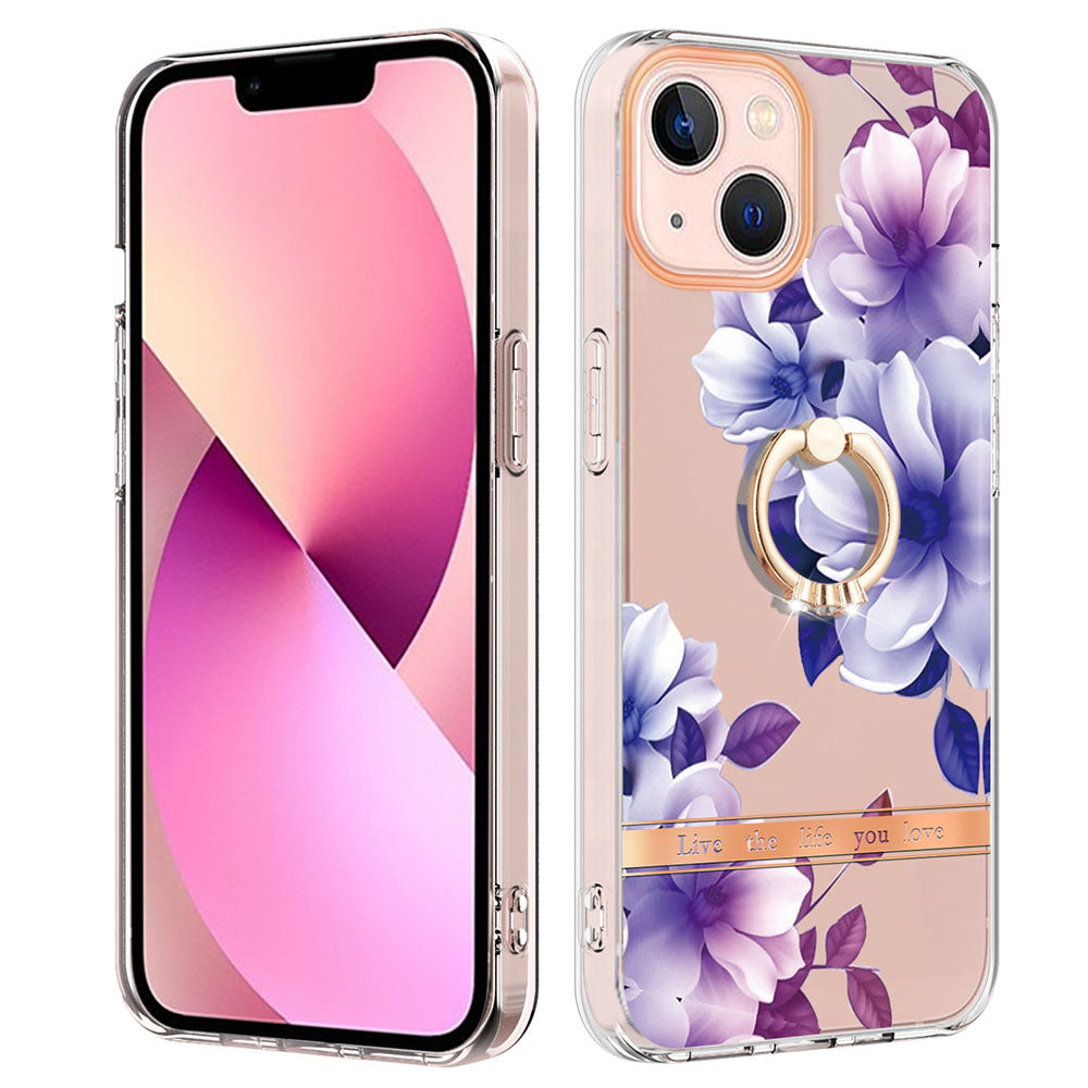 YB IMD-12 Series for iPhone 14 6.1 inch Electroplating Flower Pattern Ring Holder Kickstand Feature IML IMD TPU Cell Phone Cover Case