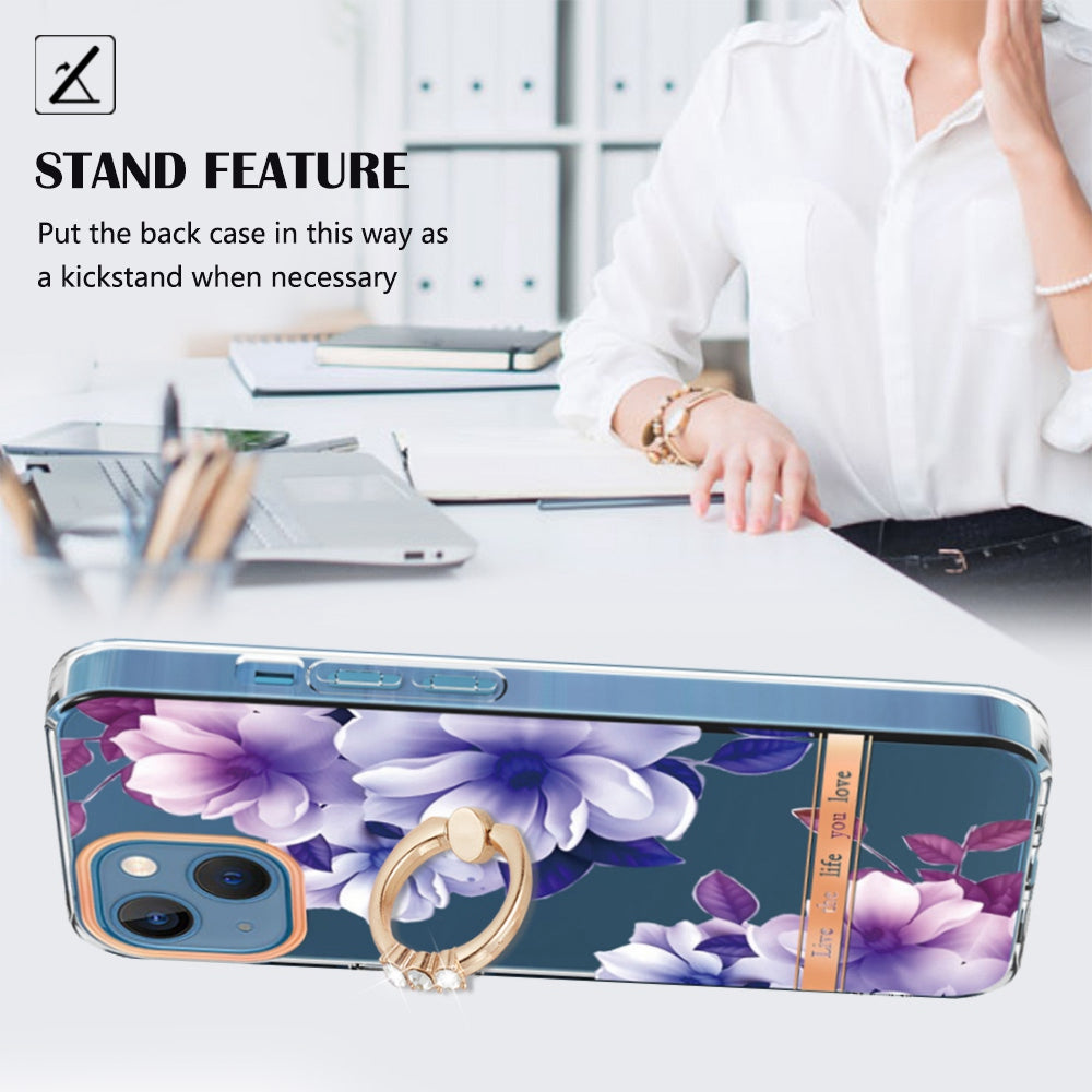 YB IMD-12 Series for iPhone 14 6.1 inch Electroplating Flower Pattern Ring Holder Kickstand Feature IML IMD TPU Cell Phone Cover Case