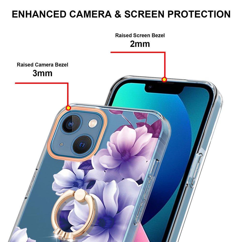 YB IMD-12 Series for iPhone 14 6.1 inch Electroplating Flower Pattern Ring Holder Kickstand Feature IML IMD TPU Cell Phone Cover Case