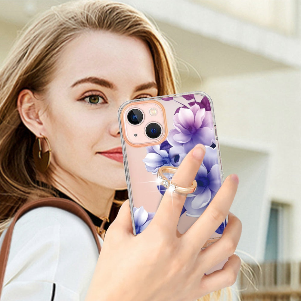 YB IMD-12 Series for iPhone 14 6.1 inch Electroplating Flower Pattern Ring Holder Kickstand Feature IML IMD TPU Cell Phone Cover Case