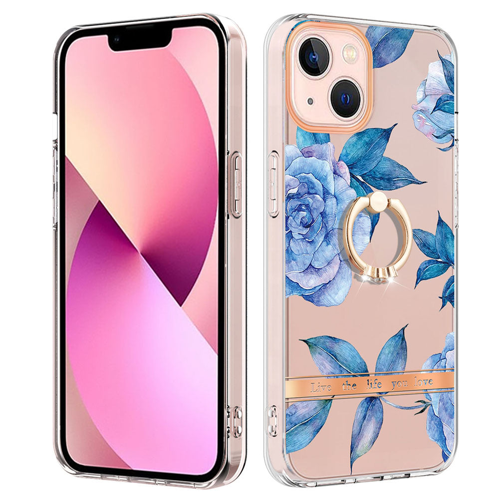 YB IMD-12 Series for iPhone 14 6.1 inch Electroplating Flower Pattern Ring Holder Kickstand Feature IML IMD TPU Cell Phone Cover Case