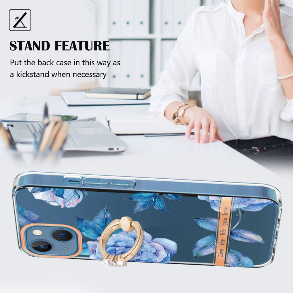 YB IMD-12 Series for iPhone 14 6.1 inch Electroplating Flower Pattern Ring Holder Kickstand Feature IML IMD TPU Cell Phone Cover Case