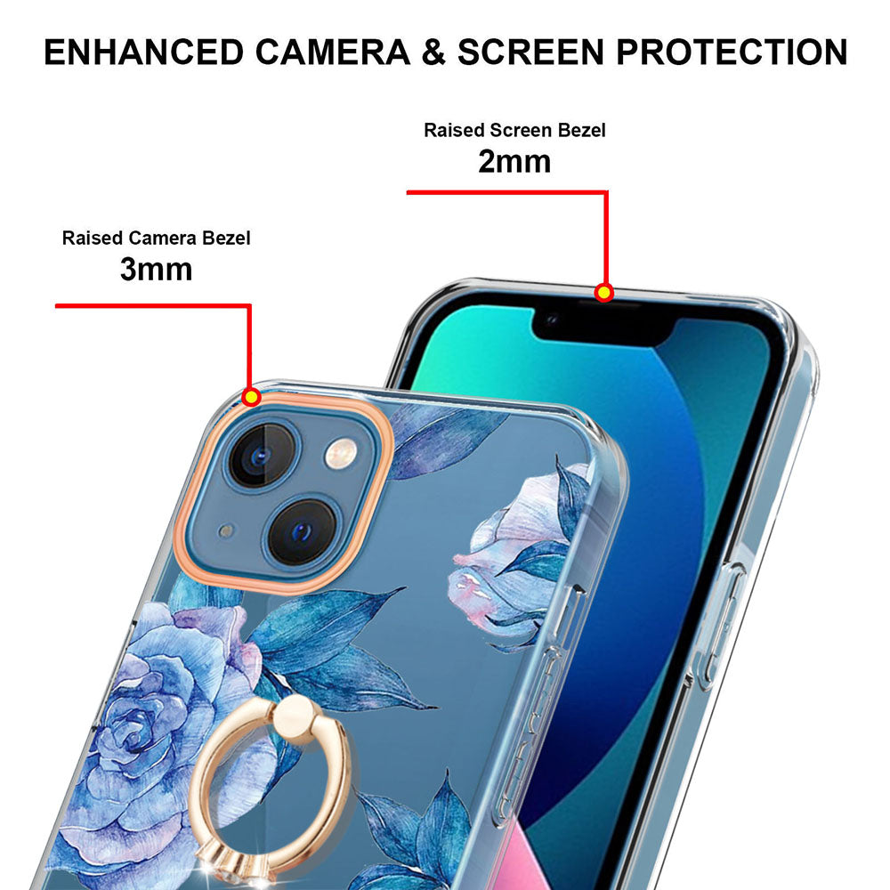 YB IMD-12 Series for iPhone 14 6.1 inch Electroplating Flower Pattern Ring Holder Kickstand Feature IML IMD TPU Cell Phone Cover Case