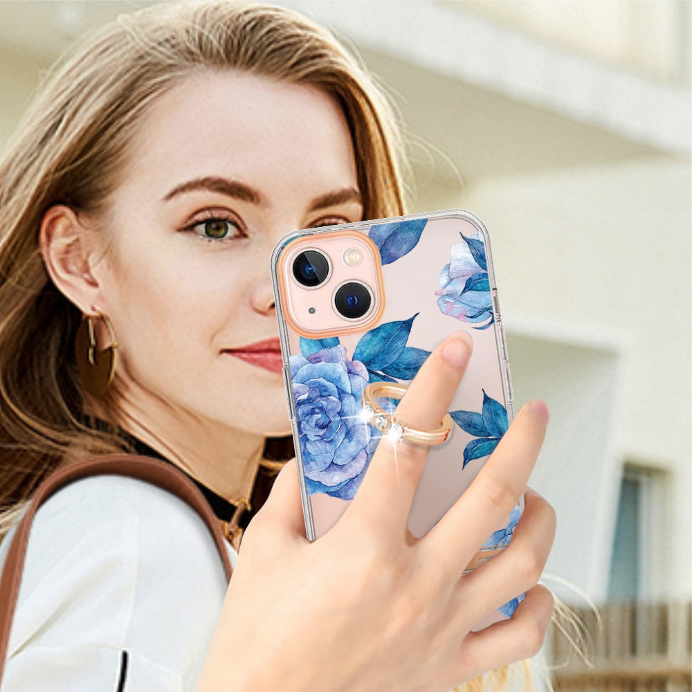 YB IMD-12 Series for iPhone 14 6.1 inch Electroplating Flower Pattern Ring Holder Kickstand Feature IML IMD TPU Cell Phone Cover Case