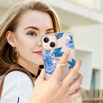 YB IMD-12 Series for iPhone 14 6.1 inch Electroplating Flower Pattern Ring Holder Kickstand Feature IML IMD TPU Cell Phone Cover Case