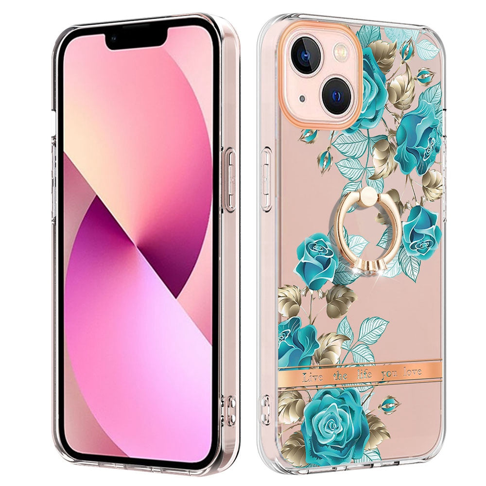 YB IMD-12 Series for iPhone 14 6.1 inch Electroplating Flower Pattern Ring Holder Kickstand Feature IML IMD TPU Cell Phone Cover Case