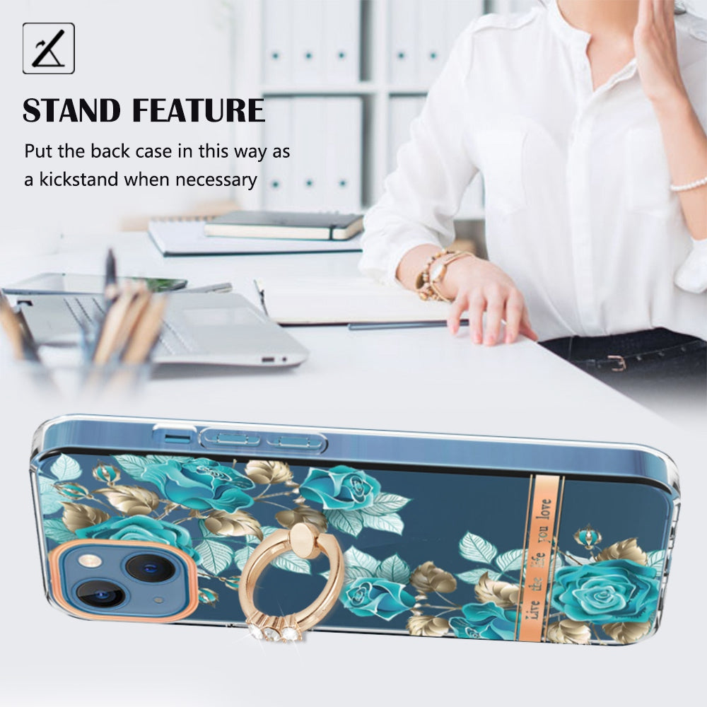 YB IMD-12 Series for iPhone 14 6.1 inch Electroplating Flower Pattern Ring Holder Kickstand Feature IML IMD TPU Cell Phone Cover Case