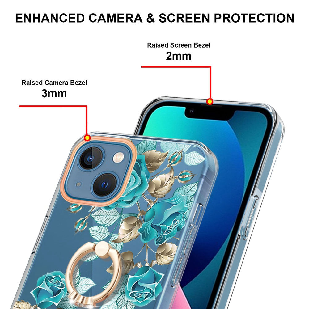 YB IMD-12 Series for iPhone 14 6.1 inch Electroplating Flower Pattern Ring Holder Kickstand Feature IML IMD TPU Cell Phone Cover Case