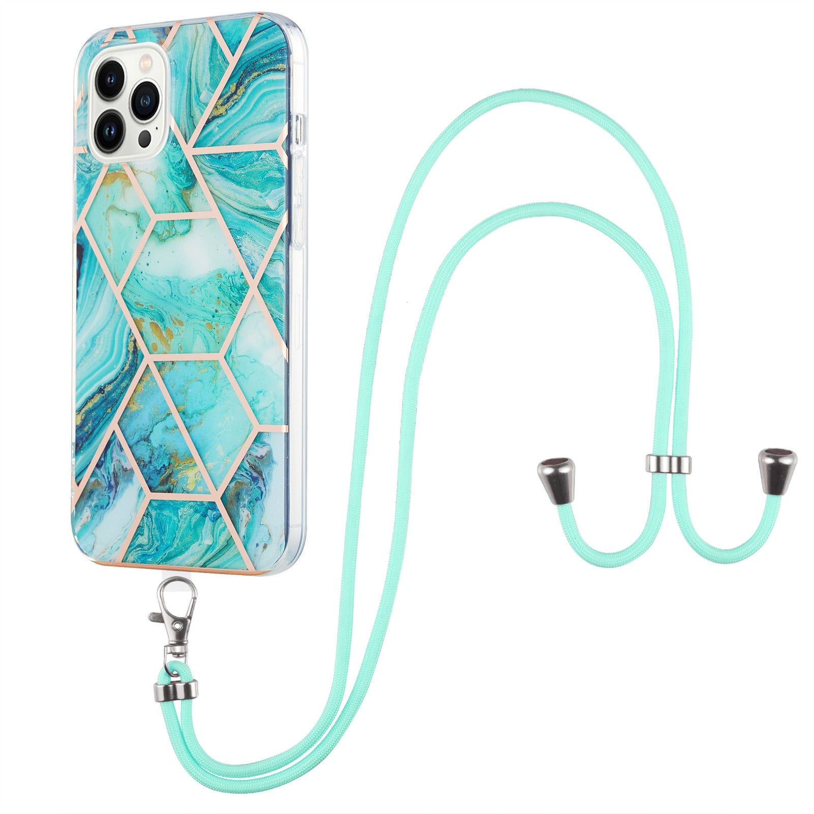 YB IMD Series-5 Back Cover for iPhone 14 Pro 6.1 inch, Anti-drop IML Electroplating Splicing Marble Pattern TPU Phone Case Anti-scratch Shell with Lanyard