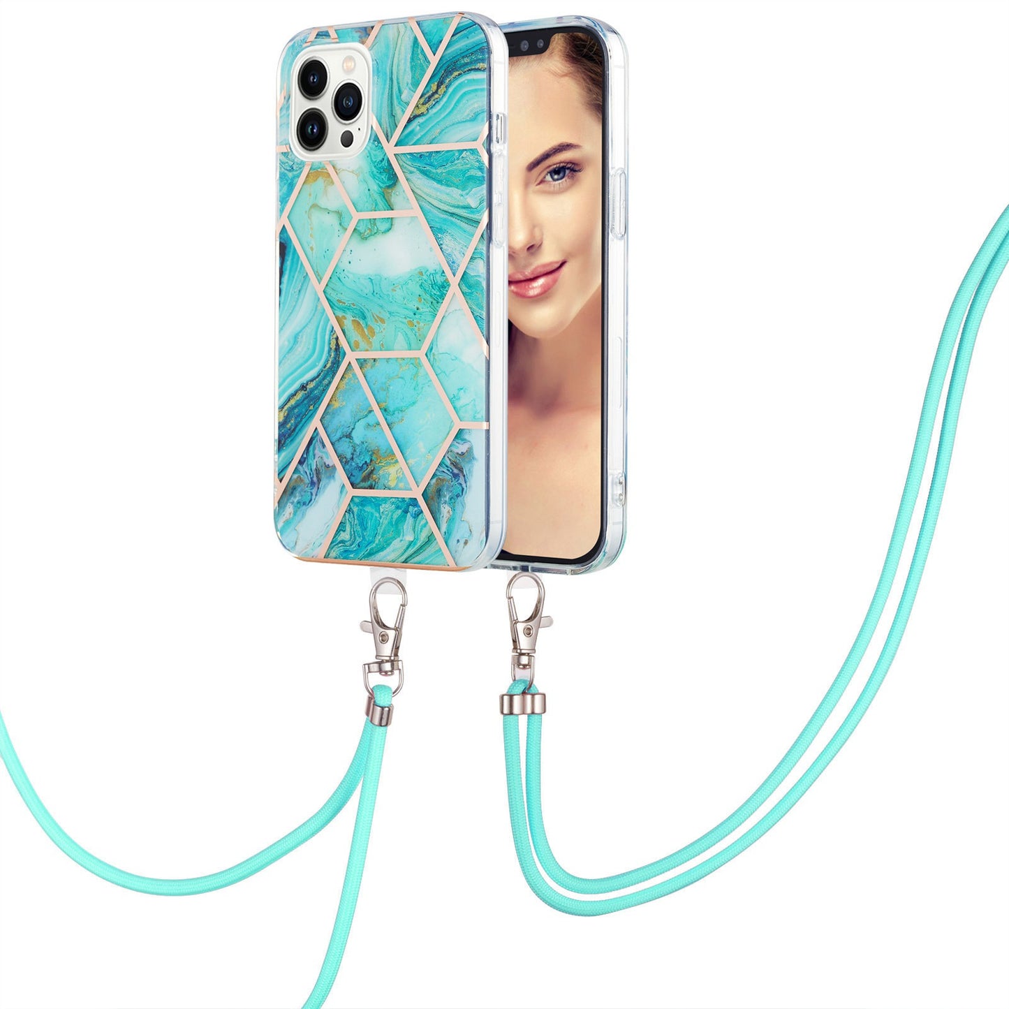 YB IMD Series-5 Back Cover for iPhone 14 Pro 6.1 inch, Anti-drop IML Electroplating Splicing Marble Pattern TPU Phone Case Anti-scratch Shell with Lanyard