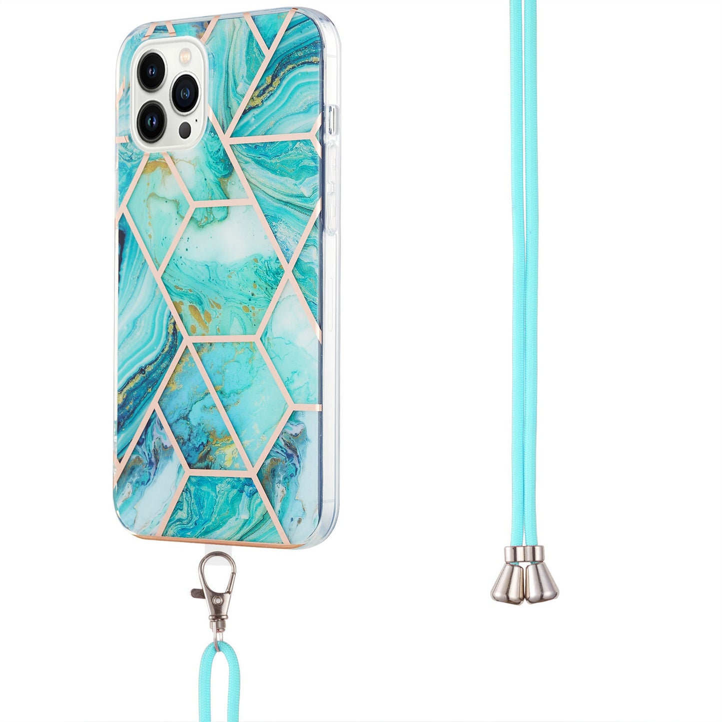 YB IMD Series-5 Back Cover for iPhone 14 Pro 6.1 inch, Anti-drop IML Electroplating Splicing Marble Pattern TPU Phone Case Anti-scratch Shell with Lanyard