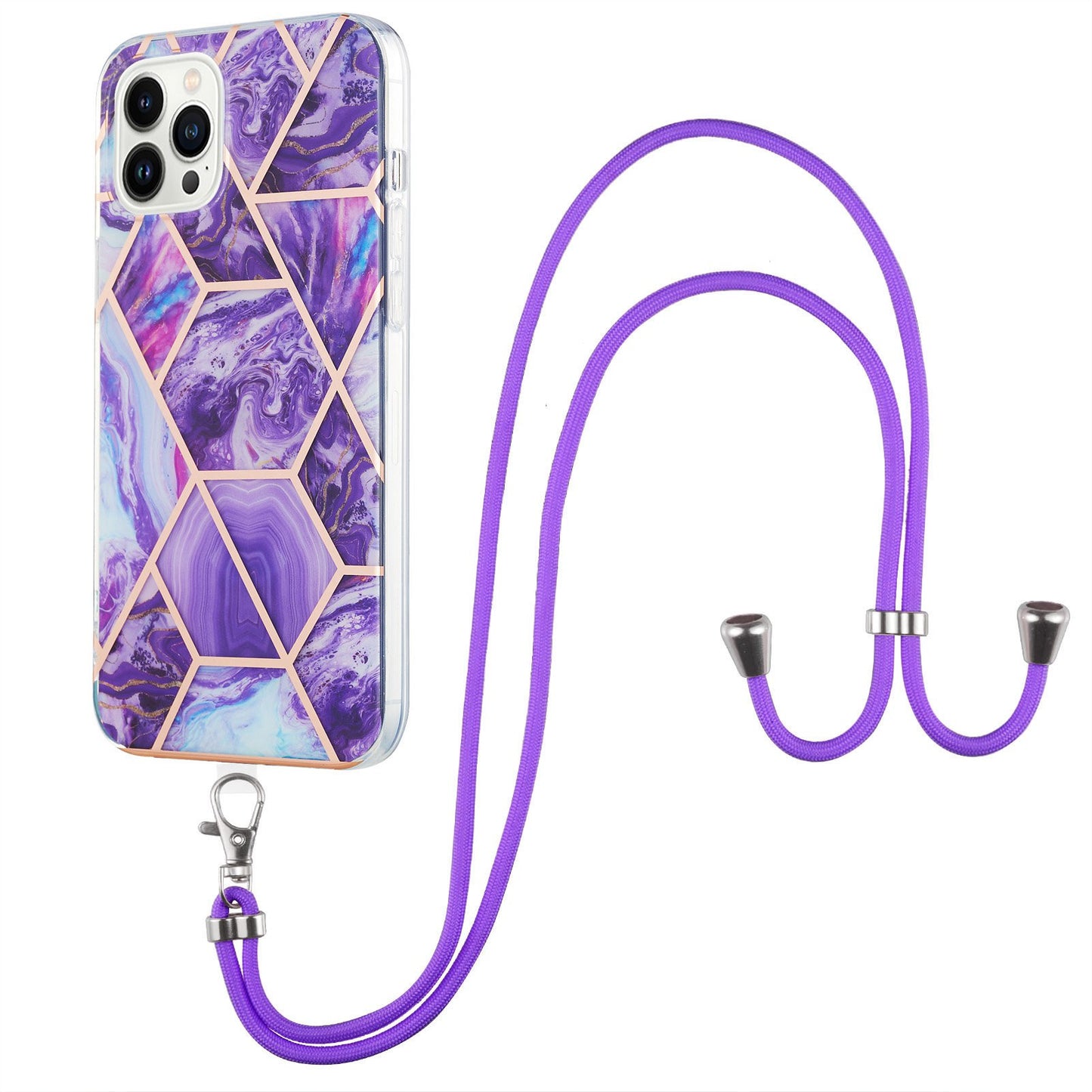 YB IMD Series-5 Back Cover for iPhone 14 Pro 6.1 inch, Anti-drop IML Electroplating Splicing Marble Pattern TPU Phone Case Anti-scratch Shell with Lanyard