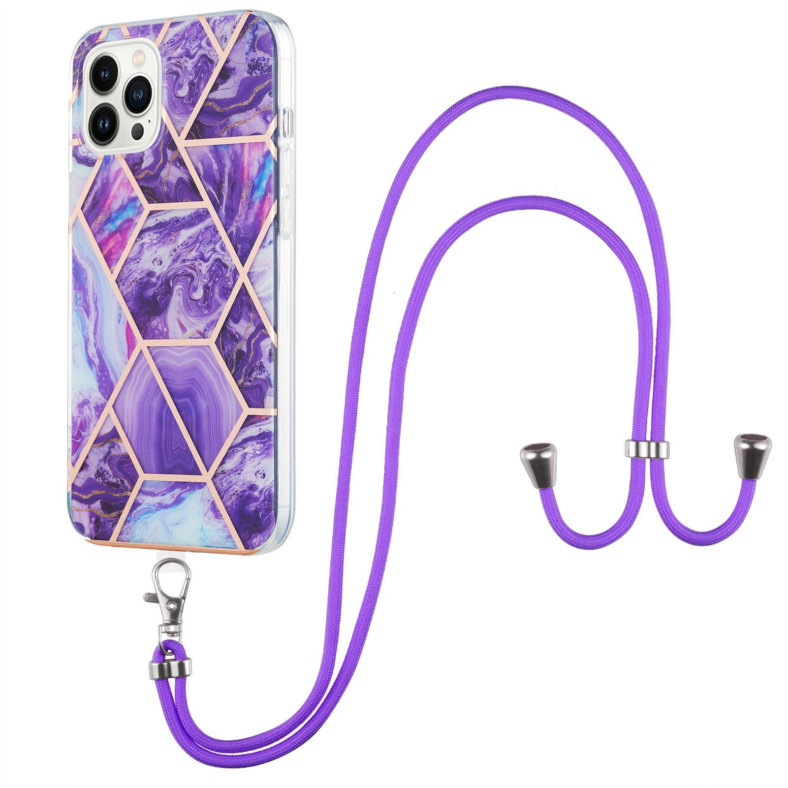 YB IMD Series-5 Back Cover for iPhone 14 Pro 6.1 inch, Anti-drop IML Electroplating Splicing Marble Pattern TPU Phone Case Anti-scratch Shell with Lanyard