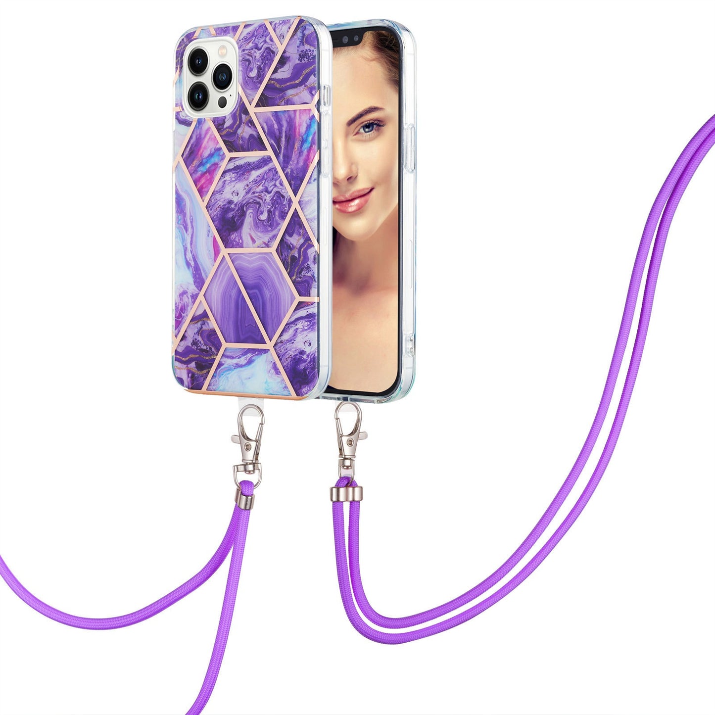 YB IMD Series-5 Back Cover for iPhone 14 Pro 6.1 inch, Anti-drop IML Electroplating Splicing Marble Pattern TPU Phone Case Anti-scratch Shell with Lanyard