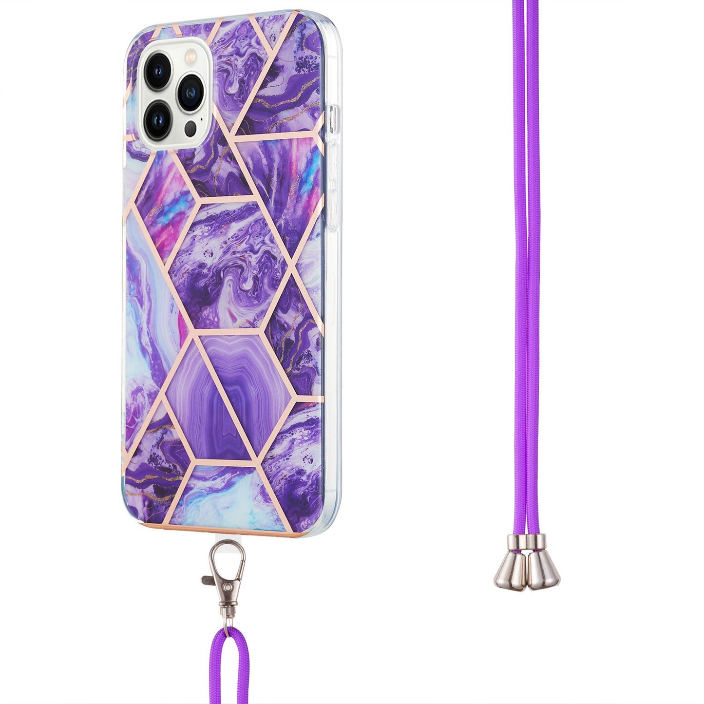 YB IMD Series-5 Back Cover for iPhone 14 Pro 6.1 inch, Anti-drop IML Electroplating Splicing Marble Pattern TPU Phone Case Anti-scratch Shell with Lanyard