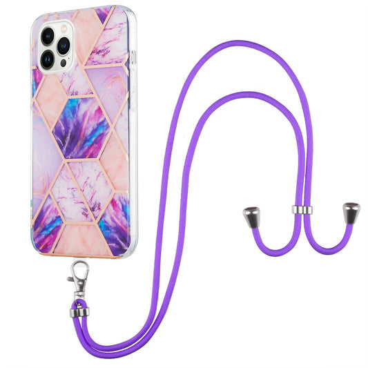 YB IMD Series-5 Back Cover for iPhone 14 Pro 6.1 inch, Anti-drop IML Electroplating Splicing Marble Pattern TPU Phone Case Anti-scratch Shell with Lanyard