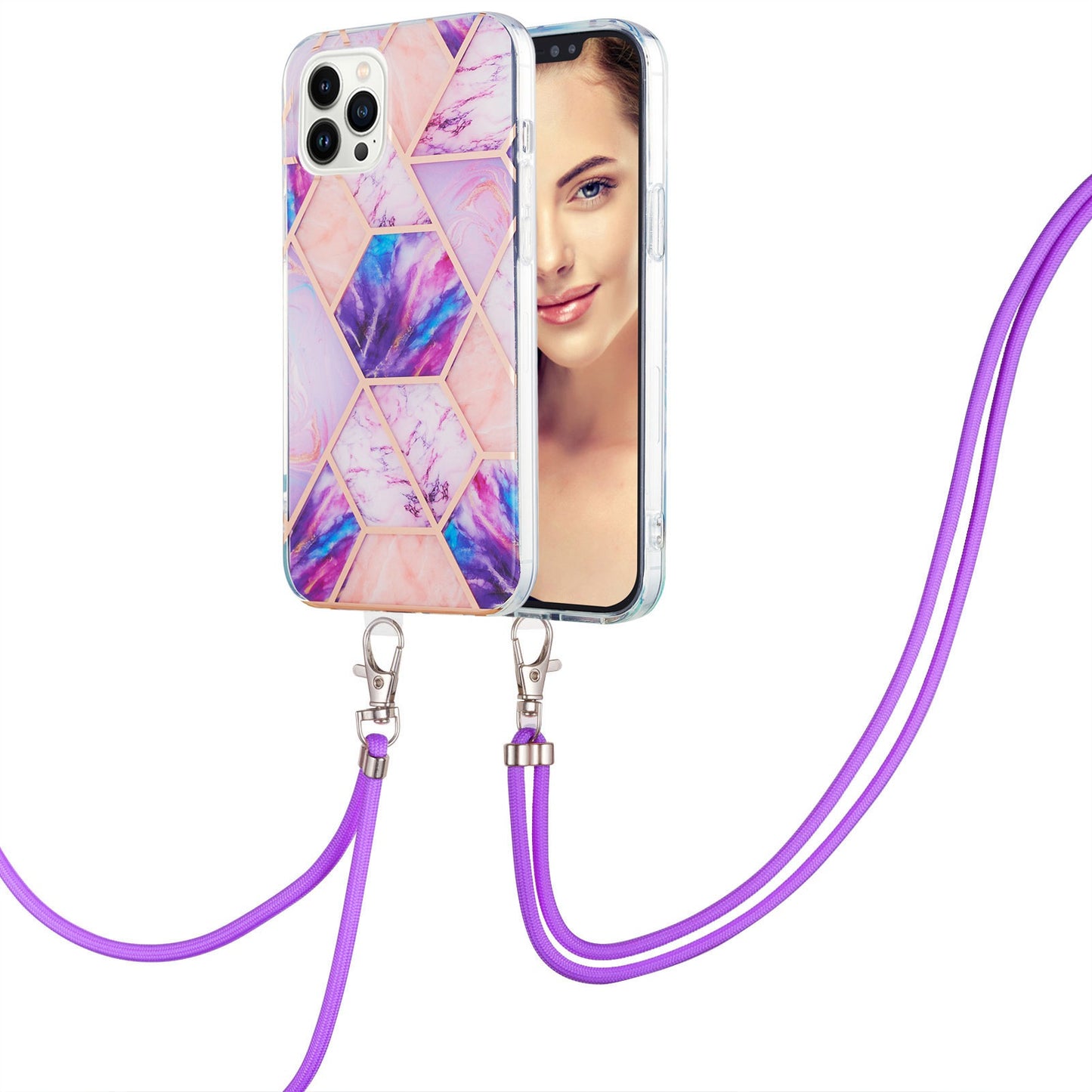 YB IMD Series-5 Back Cover for iPhone 14 Pro 6.1 inch, Anti-drop IML Electroplating Splicing Marble Pattern TPU Phone Case Anti-scratch Shell with Lanyard
