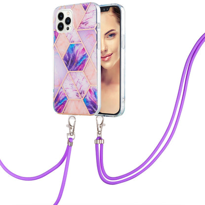 YB IMD Series-5 Back Cover for iPhone 14 Pro 6.1 inch, Anti-drop IML Electroplating Splicing Marble Pattern TPU Phone Case Anti-scratch Shell with Lanyard
