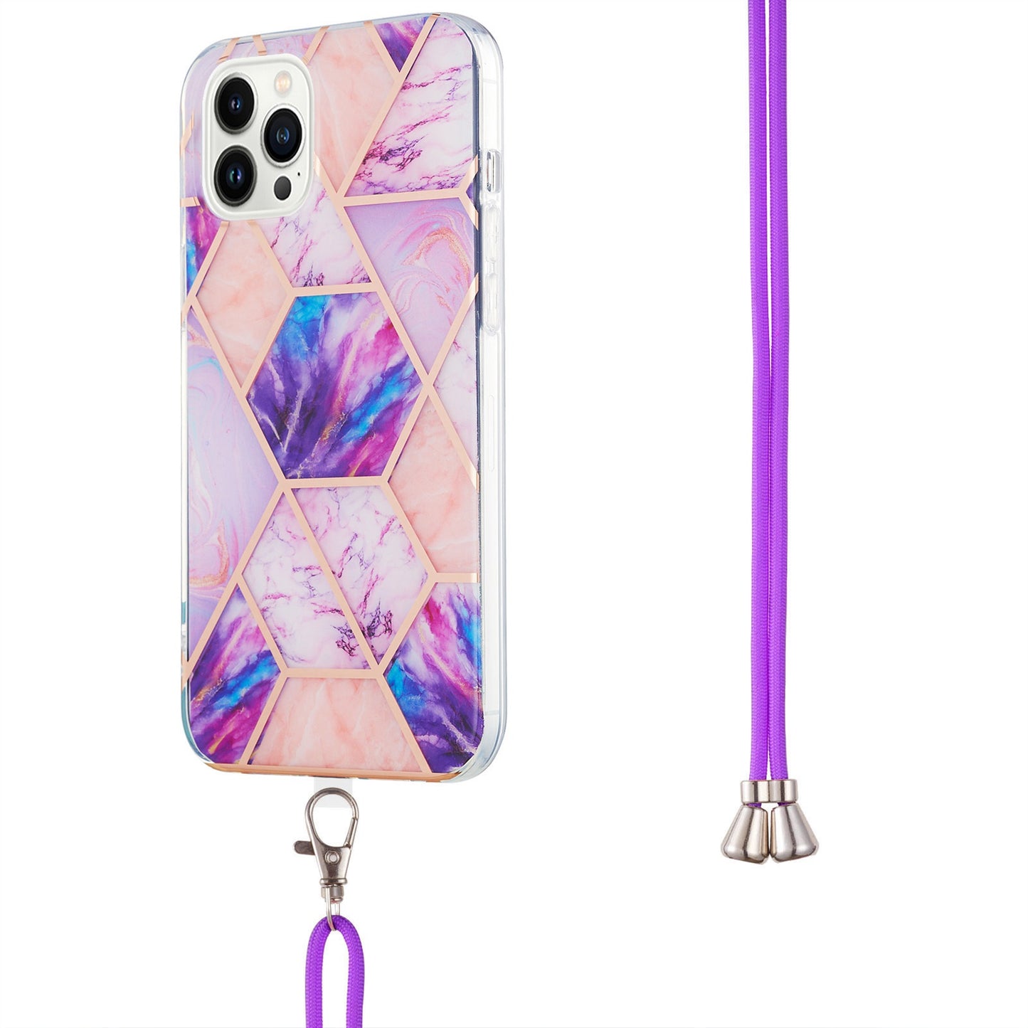 YB IMD Series-5 Back Cover for iPhone 14 Pro 6.1 inch, Anti-drop IML Electroplating Splicing Marble Pattern TPU Phone Case Anti-scratch Shell with Lanyard