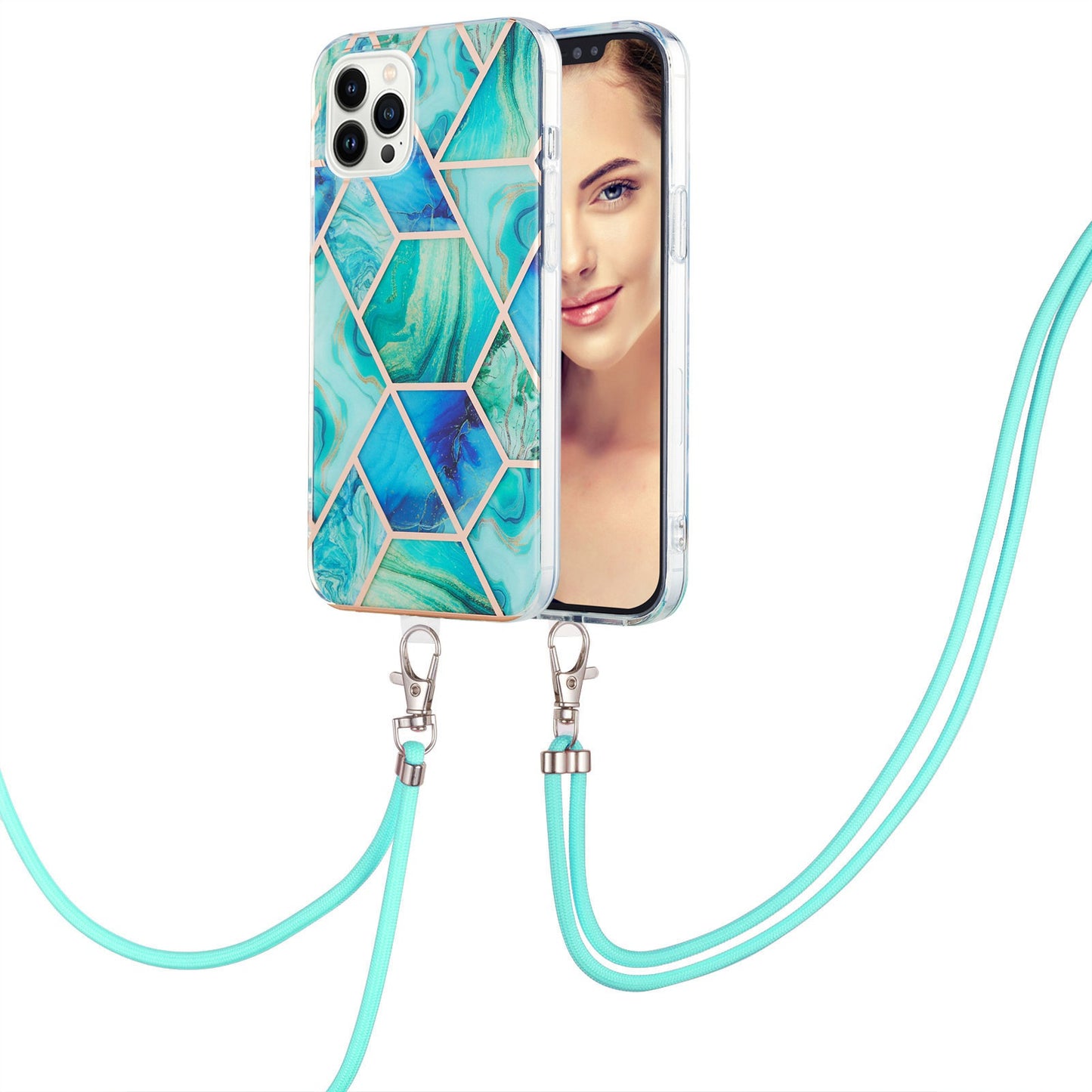 YB IMD Series-5 Back Cover for iPhone 14 Pro 6.1 inch, Anti-drop IML Electroplating Splicing Marble Pattern TPU Phone Case Anti-scratch Shell with Lanyard