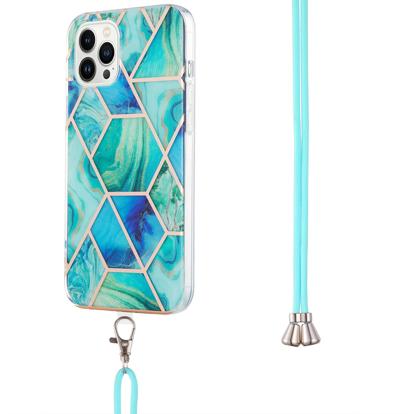 YB IMD Series-5 Back Cover for iPhone 14 Pro 6.1 inch, Anti-drop IML Electroplating Splicing Marble Pattern TPU Phone Case Anti-scratch Shell with Lanyard
