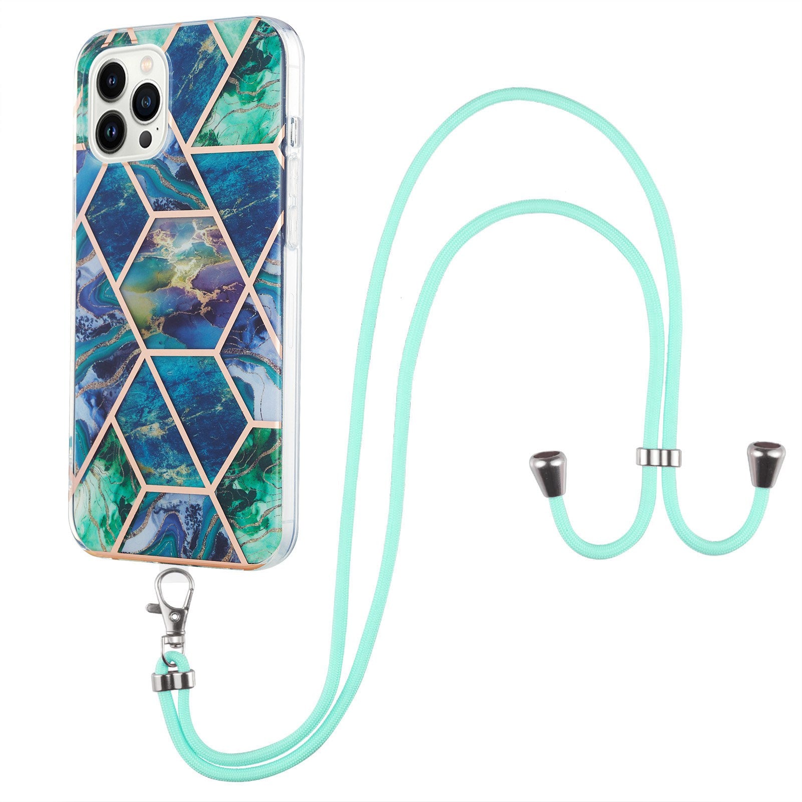 YB IMD Series-5 Back Cover for iPhone 14 Pro 6.1 inch, Anti-drop IML Electroplating Splicing Marble Pattern TPU Phone Case Anti-scratch Shell with Lanyard