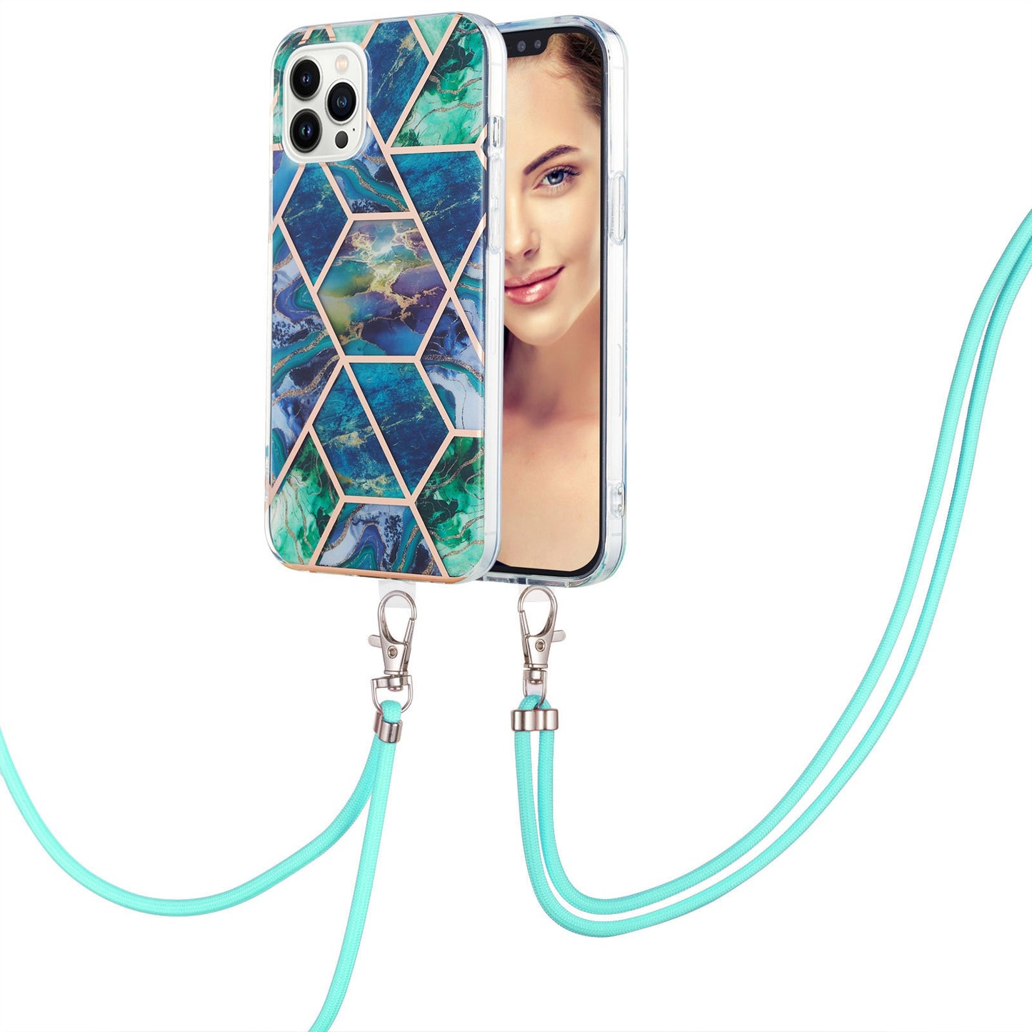 YB IMD Series-5 Back Cover for iPhone 14 Pro 6.1 inch, Anti-drop IML Electroplating Splicing Marble Pattern TPU Phone Case Anti-scratch Shell with Lanyard