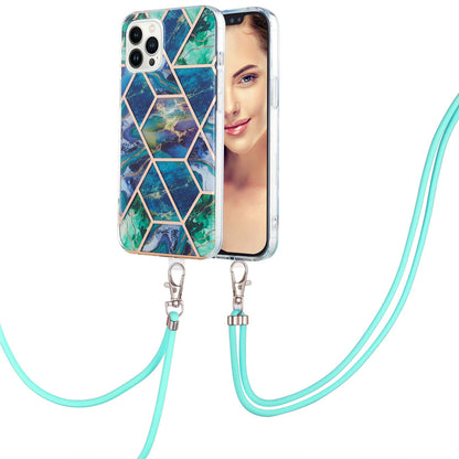 YB IMD Series-5 Back Cover for iPhone 14 Pro 6.1 inch, Anti-drop IML Electroplating Splicing Marble Pattern TPU Phone Case Anti-scratch Shell with Lanyard