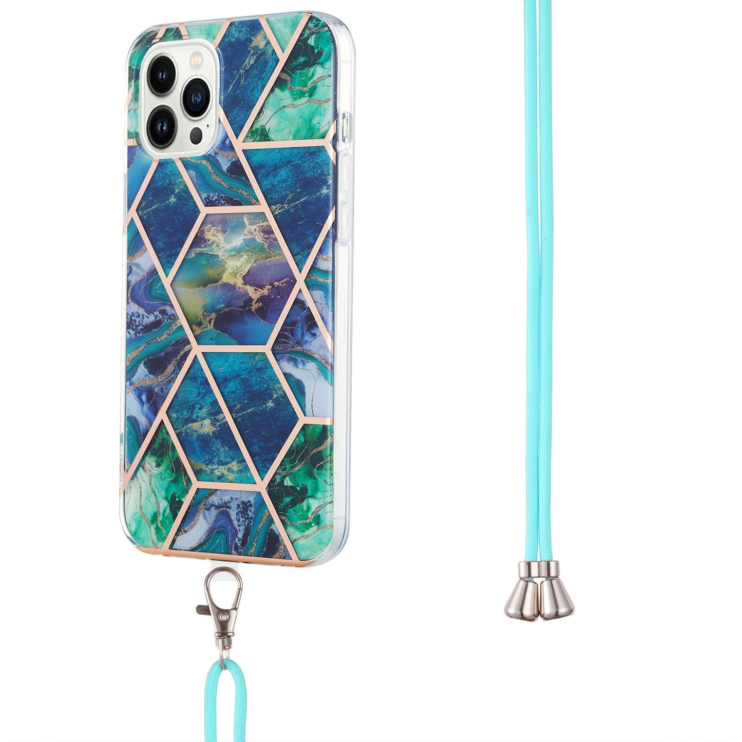 YB IMD Series-5 Back Cover for iPhone 14 Pro 6.1 inch, Anti-drop IML Electroplating Splicing Marble Pattern TPU Phone Case Anti-scratch Shell with Lanyard