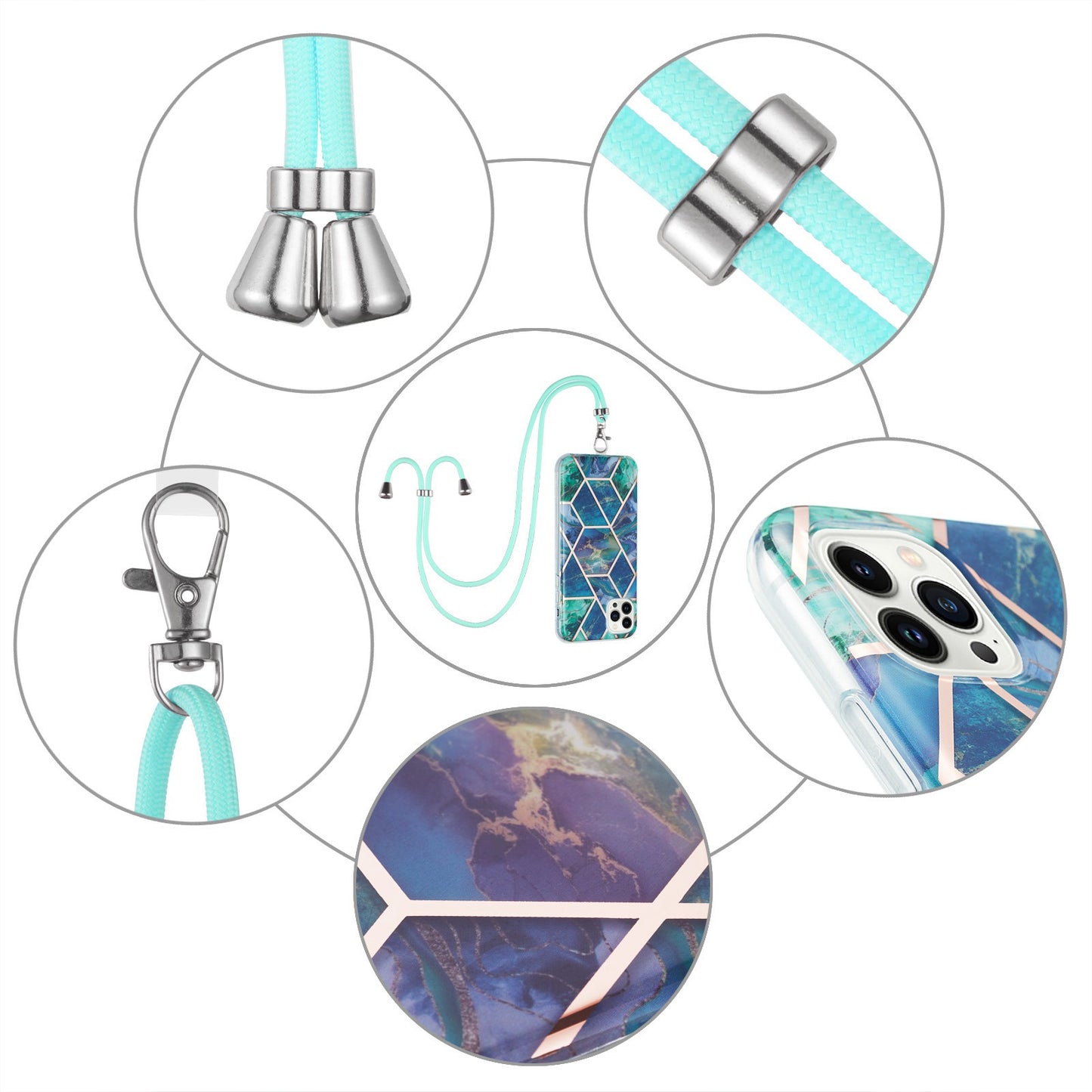 YB IMD Series-5 Back Cover for iPhone 14 Pro 6.1 inch, Anti-drop IML Electroplating Splicing Marble Pattern TPU Phone Case Anti-scratch Shell with Lanyard