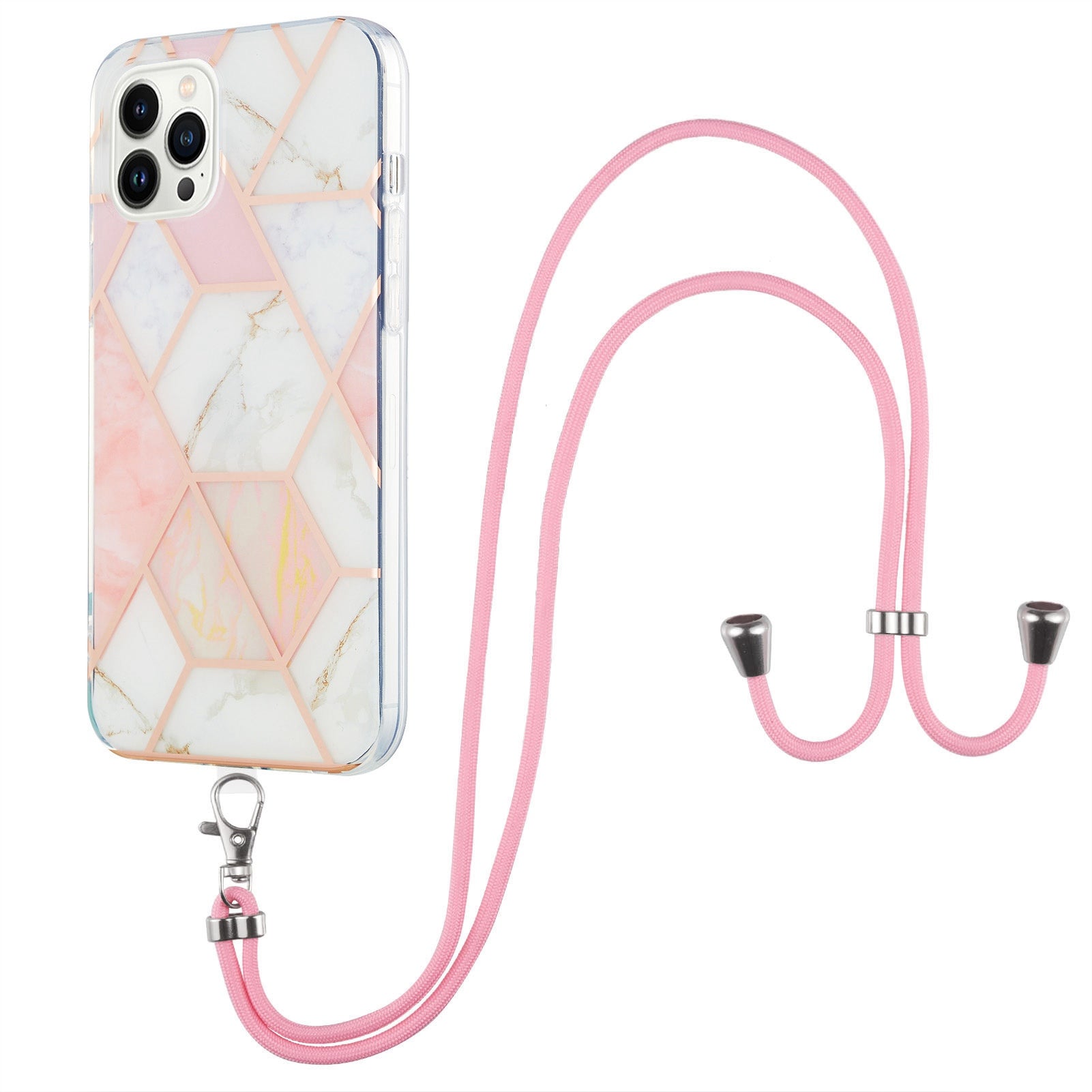 YB IMD Series-5 Back Cover for iPhone 14 Pro 6.1 inch, Anti-drop IML Electroplating Splicing Marble Pattern TPU Phone Case Anti-scratch Shell with Lanyard