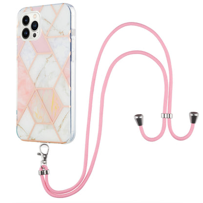 YB IMD Series-5 Back Cover for iPhone 14 Pro 6.1 inch, Anti-drop IML Electroplating Splicing Marble Pattern TPU Phone Case Anti-scratch Shell with Lanyard