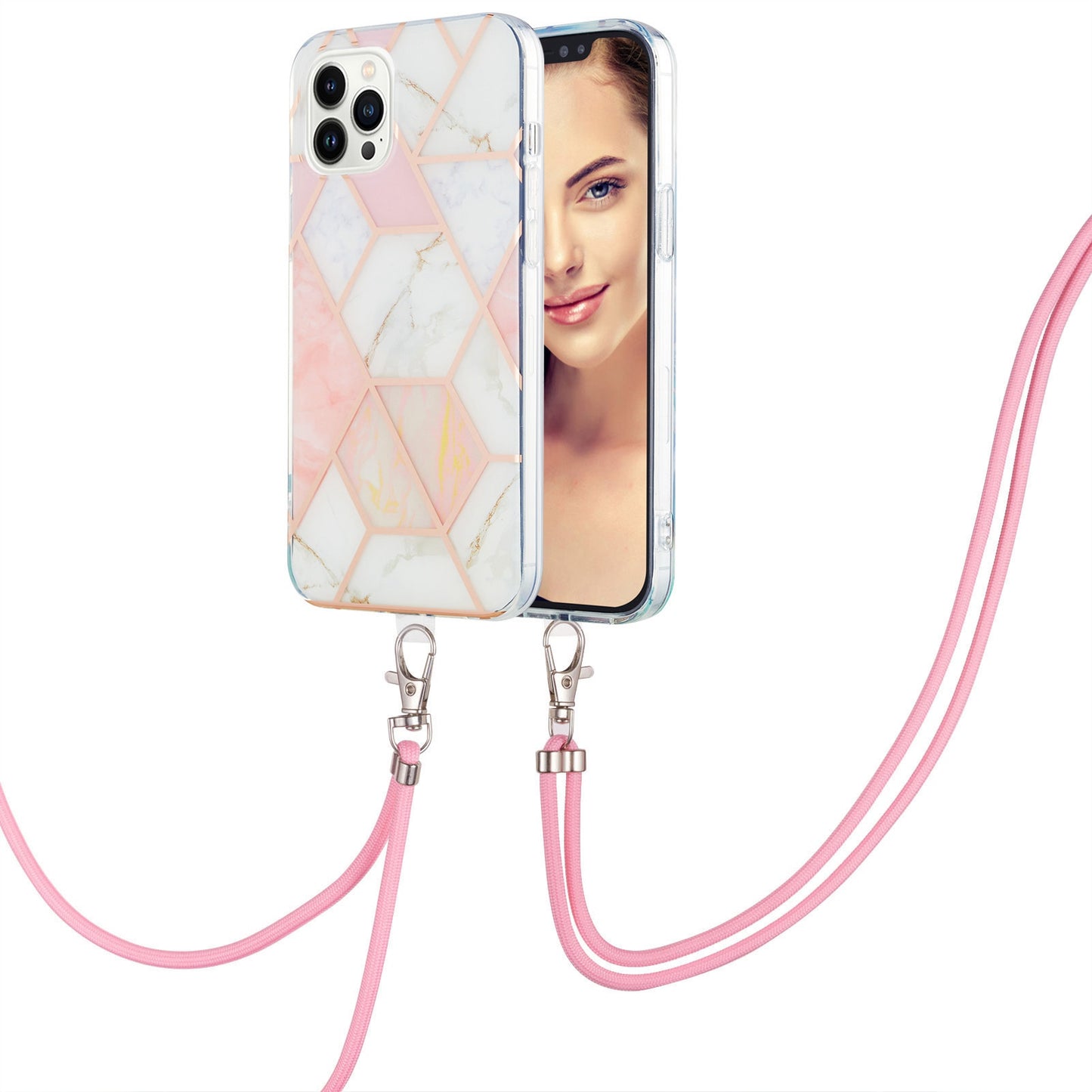 YB IMD Series-5 Back Cover for iPhone 14 Pro 6.1 inch, Anti-drop IML Electroplating Splicing Marble Pattern TPU Phone Case Anti-scratch Shell with Lanyard