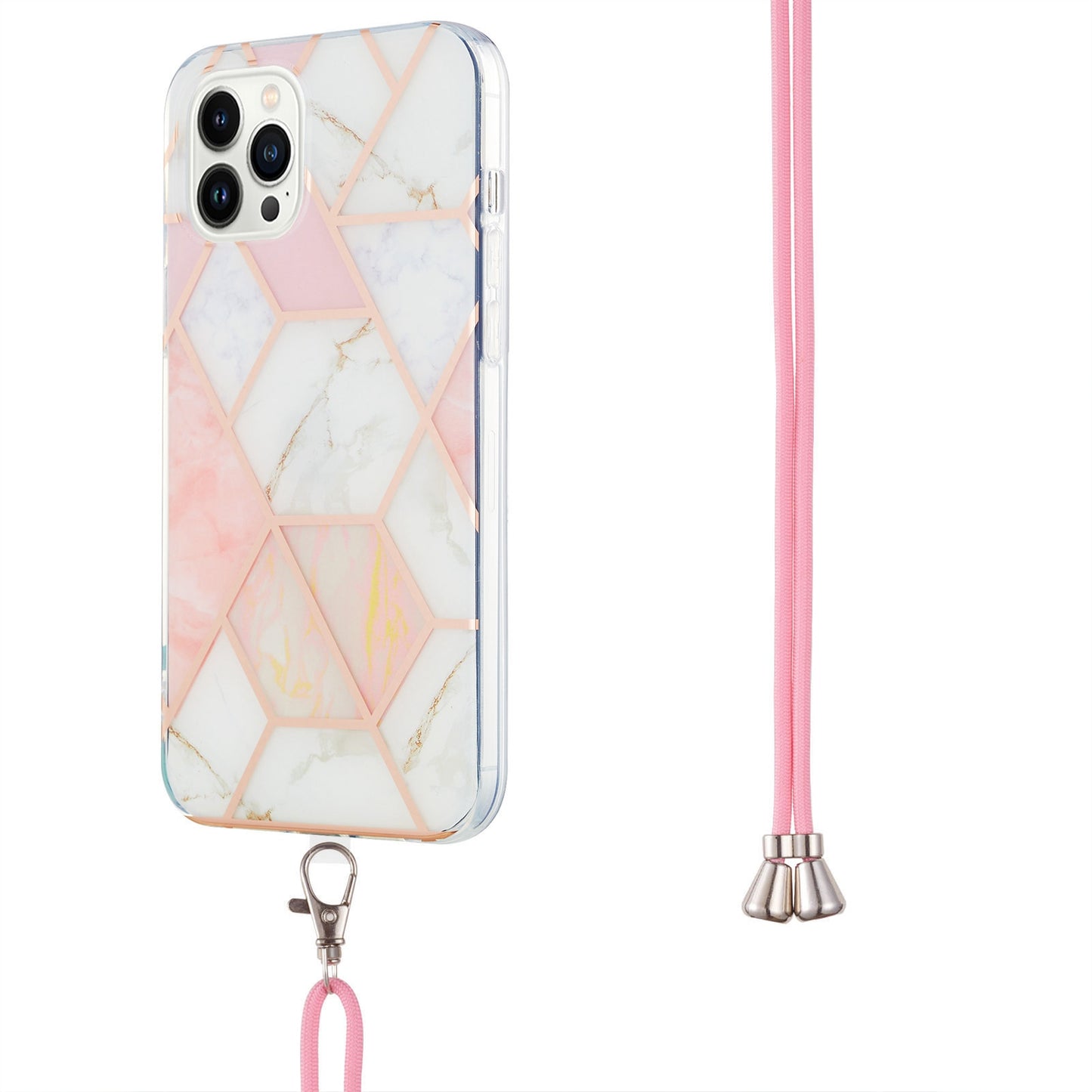 YB IMD Series-5 Back Cover for iPhone 14 Pro 6.1 inch, Anti-drop IML Electroplating Splicing Marble Pattern TPU Phone Case Anti-scratch Shell with Lanyard