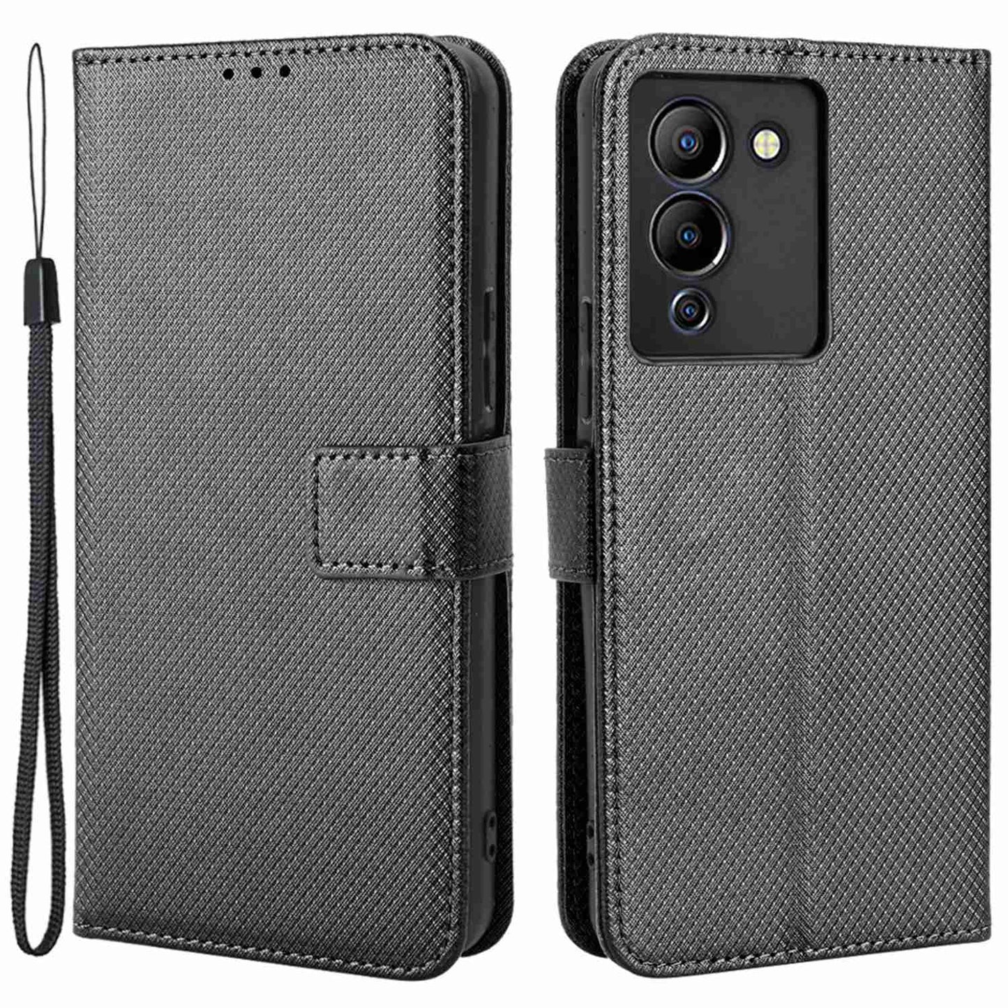 For Infinix Note 12 G96 4G/Note 12 Turbo Drop-proof Phone Flip Wallet Case Anti-wear Diamond Texture PU Leather Cover Stand Card Holder with Wrist Strap
