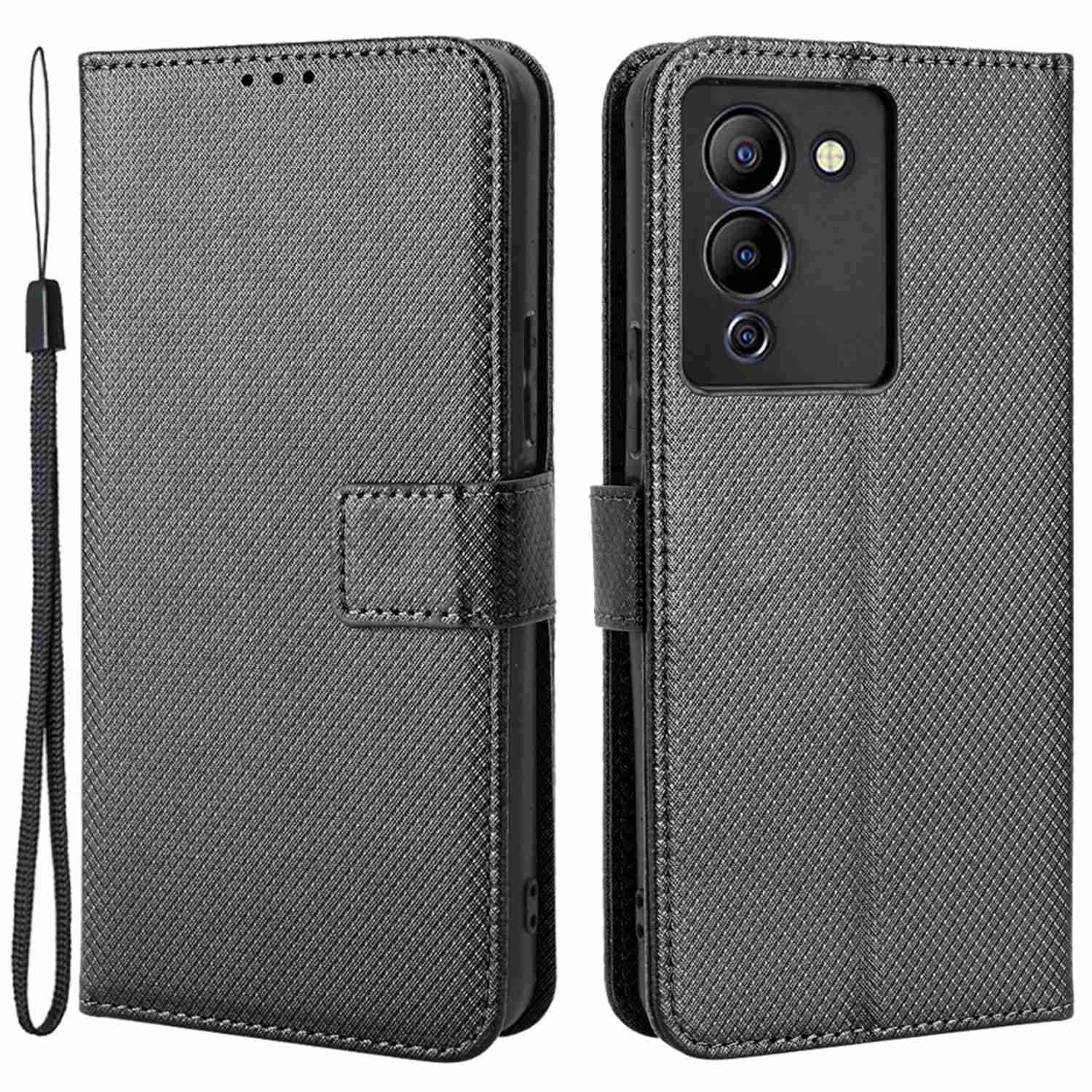 For Infinix Note 12 G96 4G/Note 12 Turbo Drop-proof Phone Flip Wallet Case Anti-wear Diamond Texture PU Leather Cover Stand Card Holder with Wrist Strap