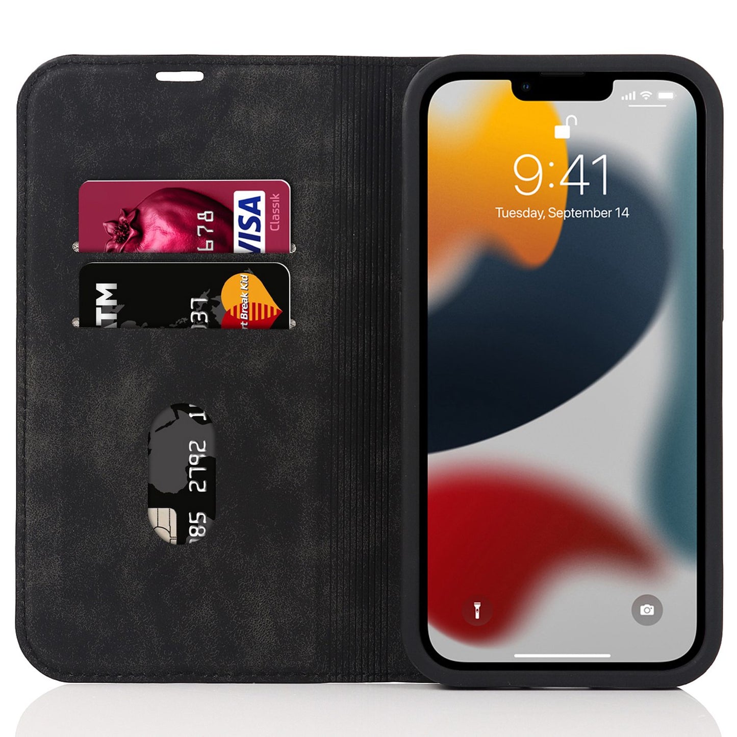 For iPhone 13 Pro 6.1 inch RFID Blocking Phone Cover PU Leather Card Holder Stand Case Compatible with MagSafe Charging