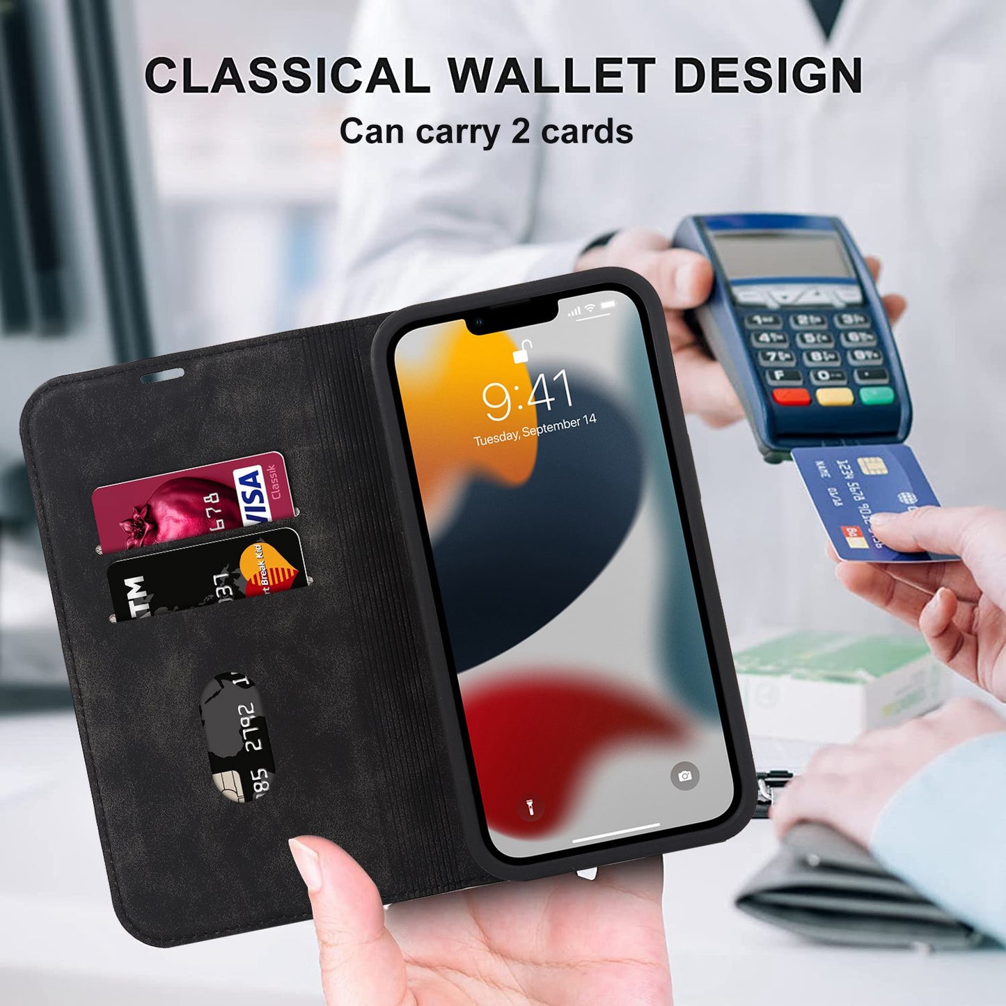 For iPhone 13 Pro 6.1 inch RFID Blocking Phone Cover PU Leather Card Holder Stand Case Compatible with MagSafe Charging