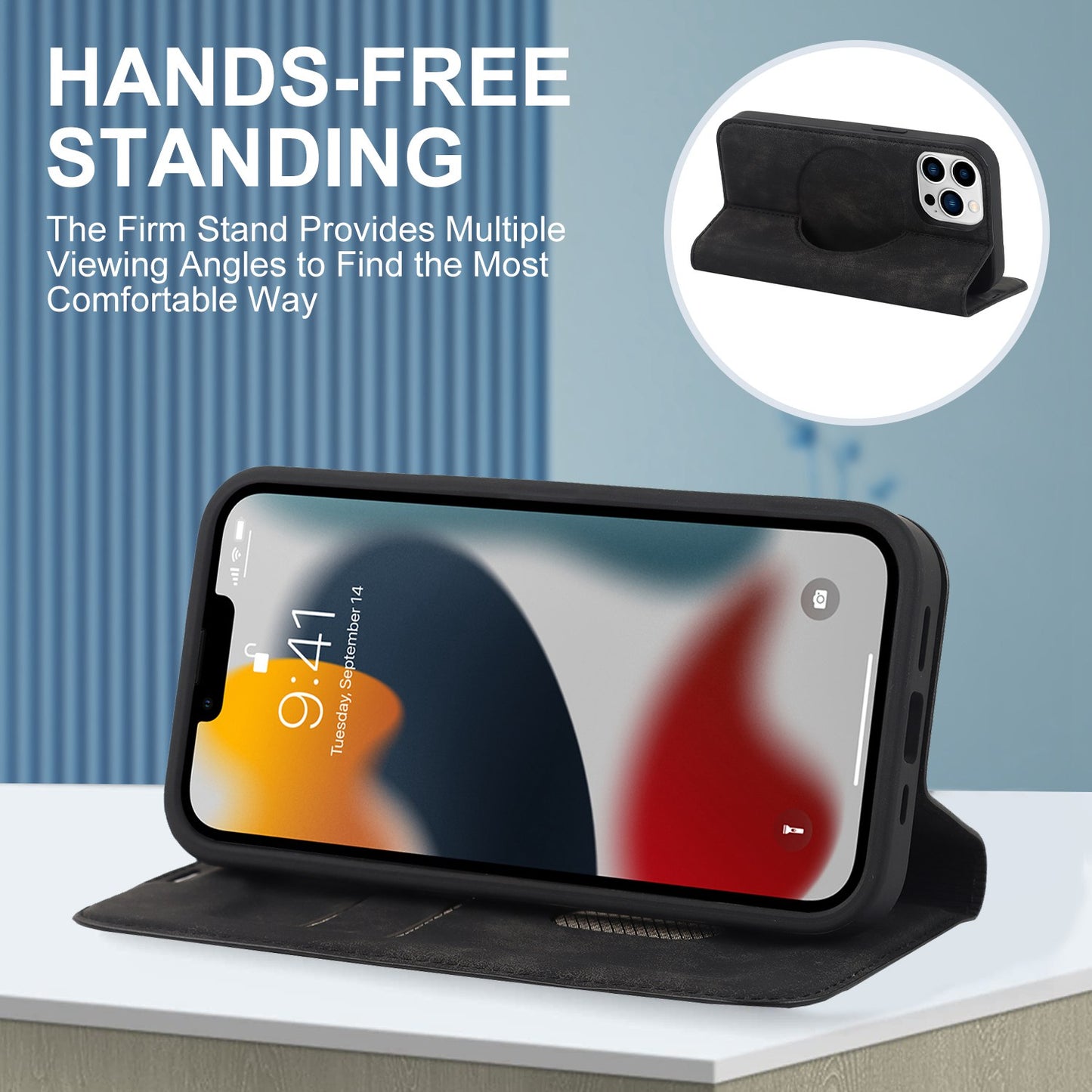 For iPhone 13 Pro 6.1 inch RFID Blocking Phone Cover PU Leather Card Holder Stand Case Compatible with MagSafe Charging